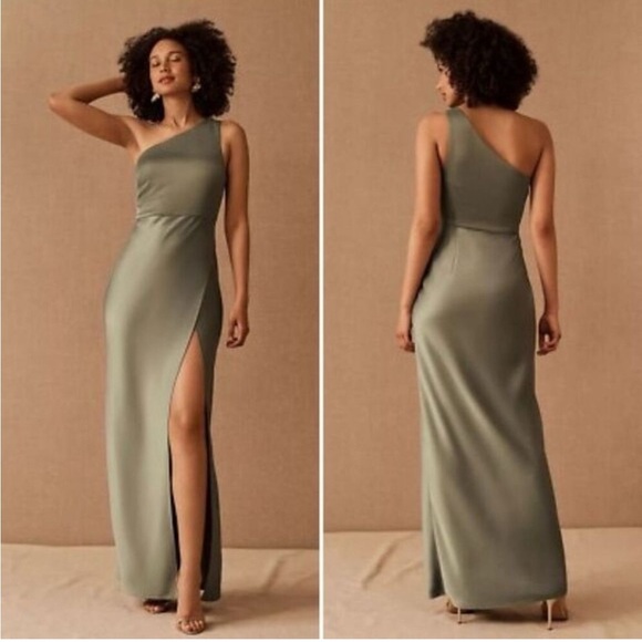 BHLDN Dresses & Skirts - BHLDN Anthropologie Dylan One Shoulder Satin Side Slit Gown Green NEW Size 6